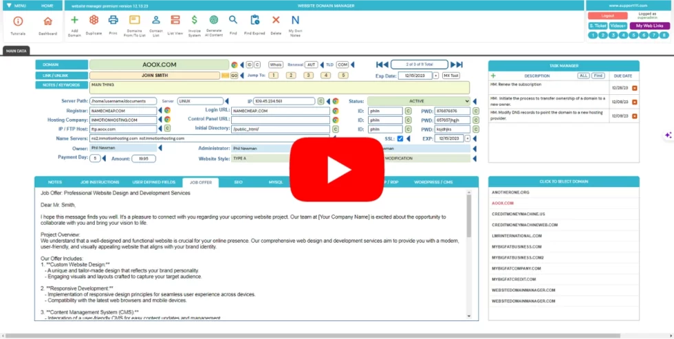 Website Domain Manager main software layout