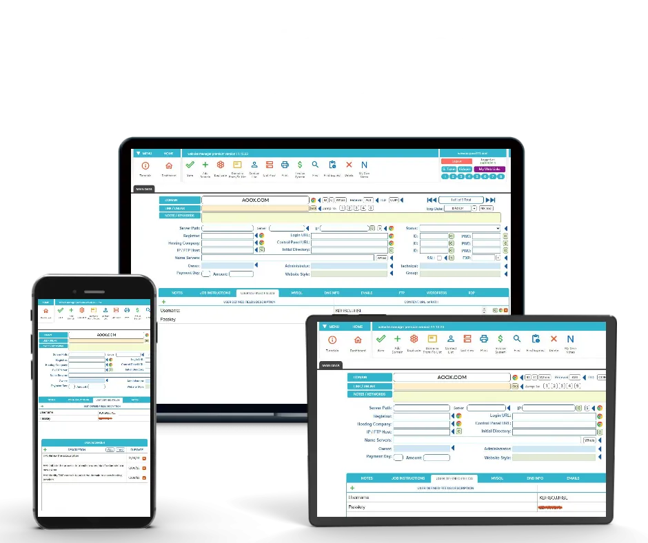 Website Domain Manager interface on desktop, tablet, and mobile